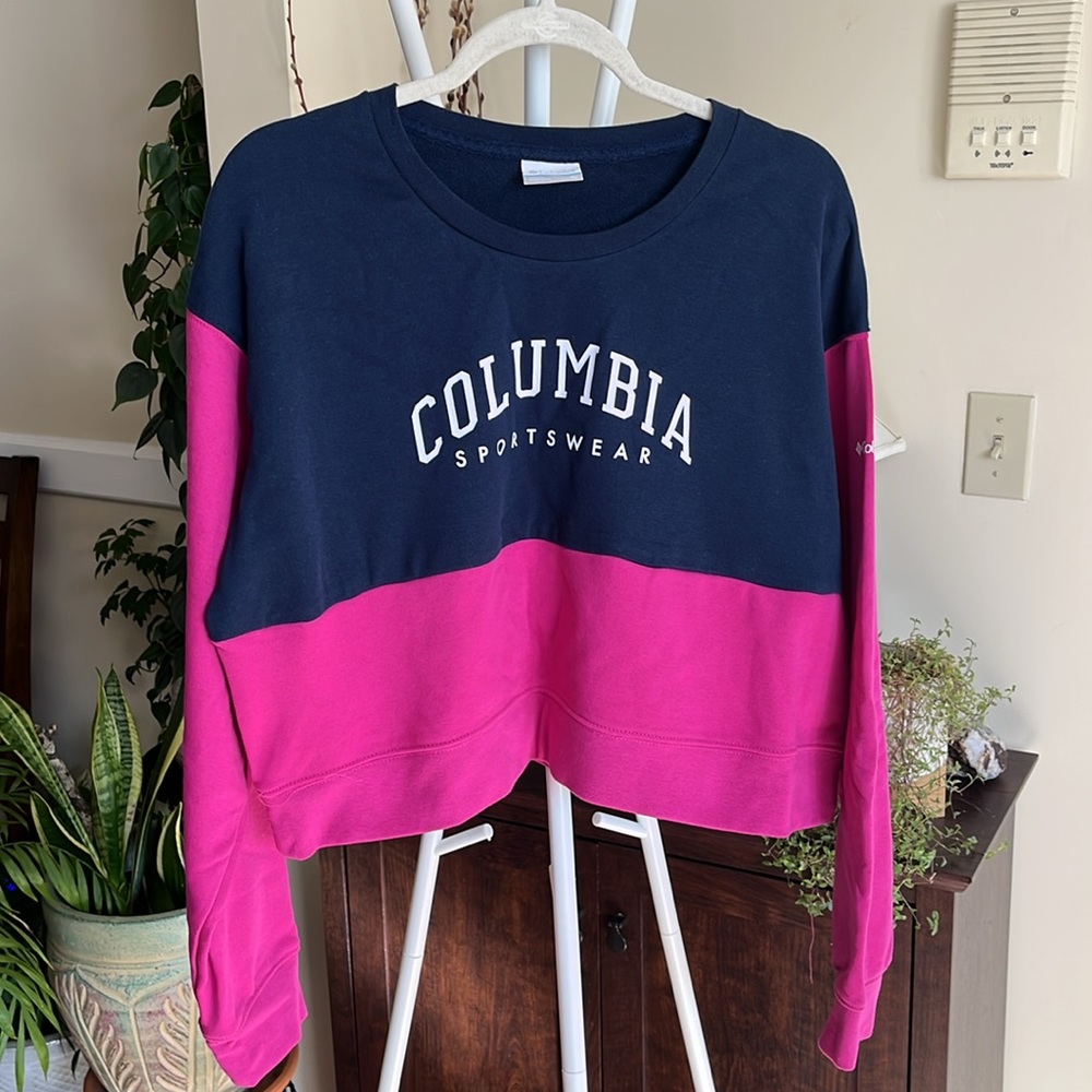 💖 Columbia Crop Trek French Terry Sweatshirt-Fuschia Pink/Navy Blue-Xl-NWT